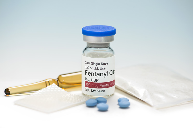 Fentanyl Citrate vial with ampule, patch, powder and pills.